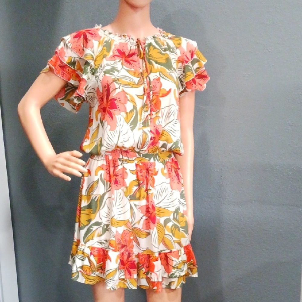 Cleobella Ulani Tropical Indian Floral Ruffle Sleeve Mini Dress